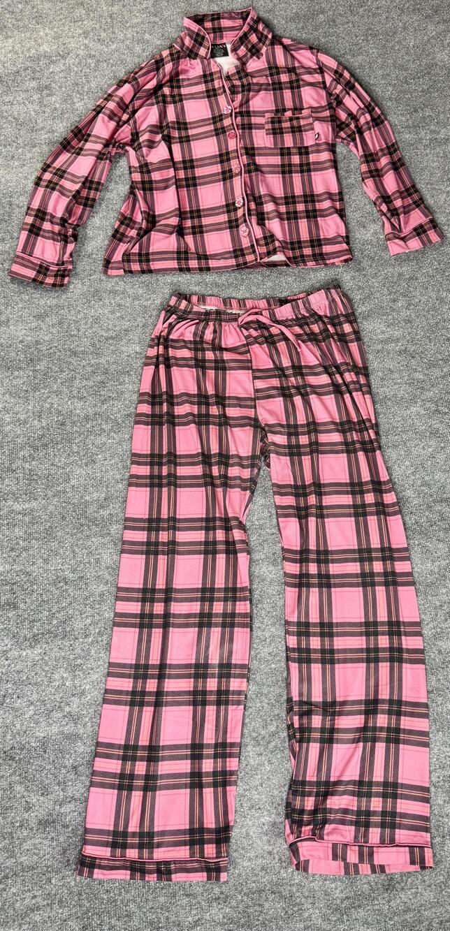 DELiA*s Pajama Set Womens Large Pink Plaid Long Sleeve Button Front Lounge